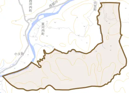 穴笠町とその周辺の地図。町の範囲を重ねている