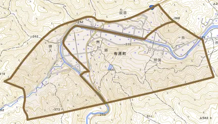 有原町とその周辺の地図。町の範囲を重ねている