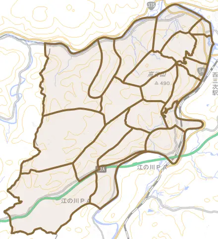 粟屋町とその周辺の地図。町の範囲を重ねている