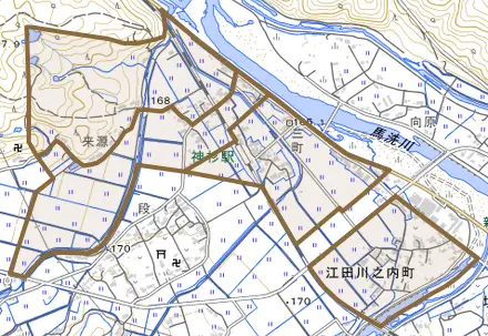 江田川之内町とその周辺の地図。町の範囲を重ねている