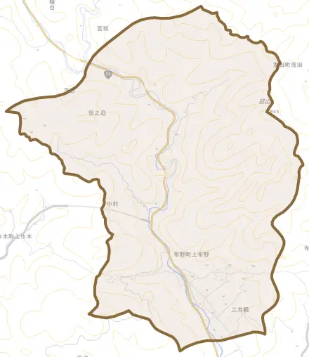布野町上布野とその周辺の地図。町の範囲を重ねている