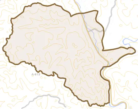 布野町下布野とその周辺の地図。町の範囲を重ねている