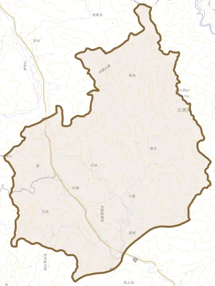 布野町横谷とその周辺の地図。町の範囲を重ねている