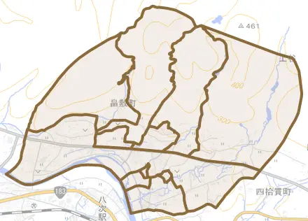 畠敷町とその周辺の地図。町の範囲を重ねている