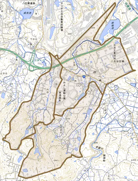 東酒屋町とその周辺の地図。町の範囲を重ねている
