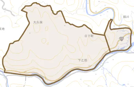 日下町とその周辺の地図。町の範囲を重ねている