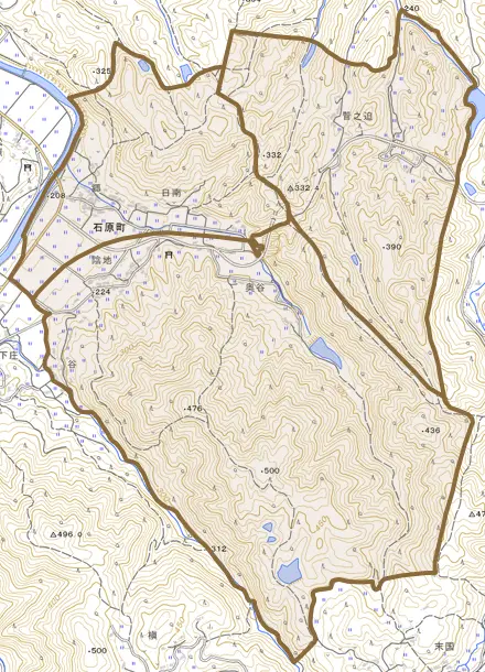石原町とその周辺の地図。町の範囲を重ねている