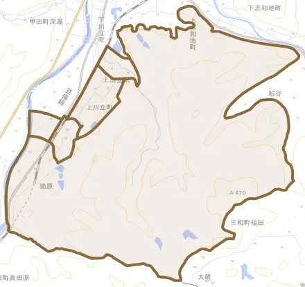 上川立町とその周辺の地図。町の範囲を重ねている