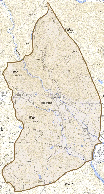 君田町石原とその周辺の地図。町の範囲を重ねている