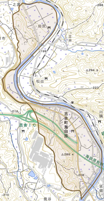 吉舎町海田原とその周辺の地図。町の範囲を重ねている