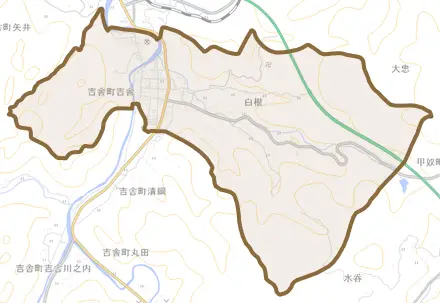 吉舎町吉舎とその周辺の地図。町の範囲を重ねている