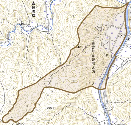 吉舎町吉舎川之内とその周辺の地図。町の範囲を重ねている