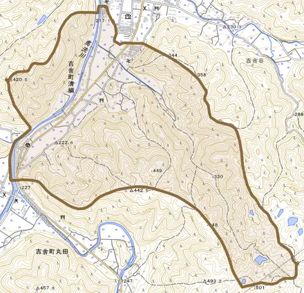 吉舎町清綱とその周辺の地図。町の範囲を重ねている