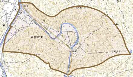 吉舎町丸田とその周辺の地図。町の範囲を重ねている