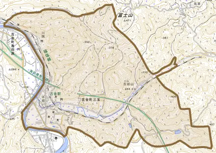 吉舎町三玉とその周辺の地図。町の範囲を重ねている