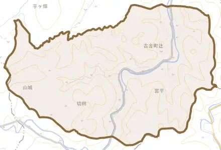 吉舎町辻とその周辺の地図。町の範囲を重ねている