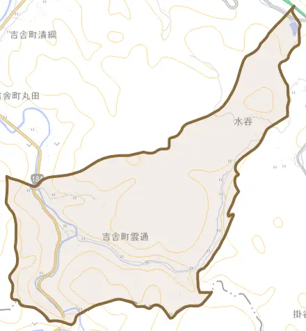 吉舎町雲通とその周辺の地図。町の範囲を重ねている