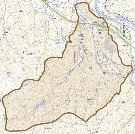 吉舎町矢井とその周辺の地図。町の範囲を重ねている