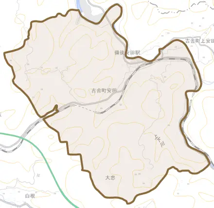 吉舎町安田とその周辺の地図。町の範囲を重ねている