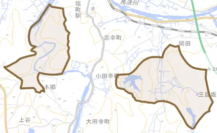 小田幸町とその周辺の地図。町の範囲を重ねている