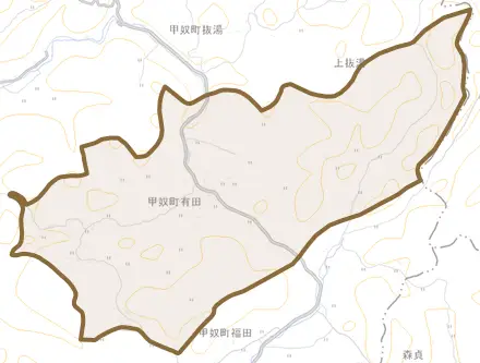 甲奴町有田とその周辺の地図。町の範囲を重ねている