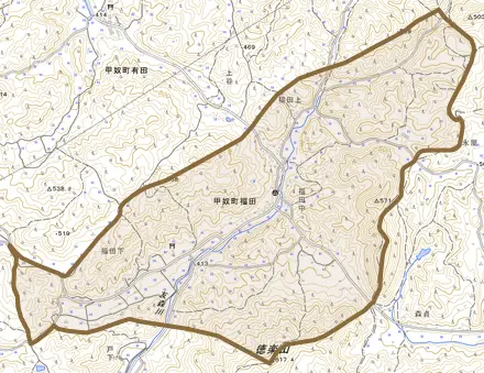 甲奴町福田とその周辺の地図。町の範囲を重ねている