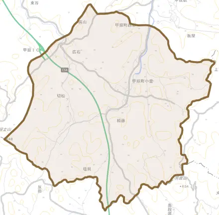 甲奴町小童とその周辺の地図。町の範囲を重ねている