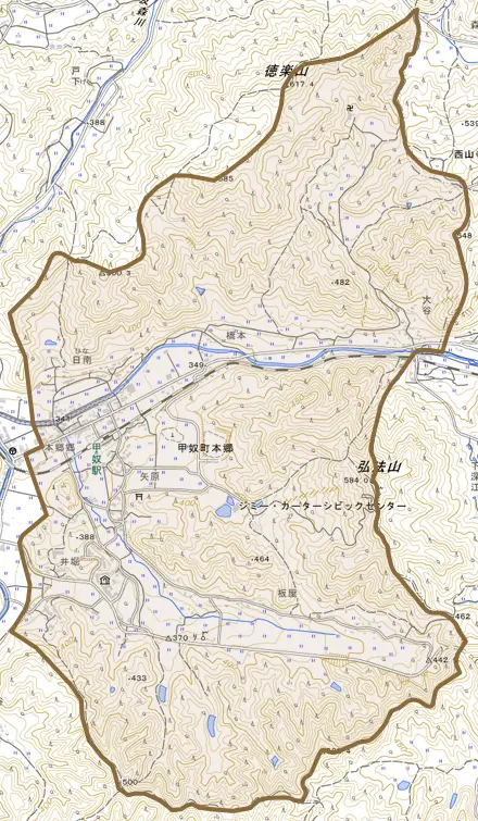 甲奴町本郷とその周辺の地図。町の範囲を重ねている