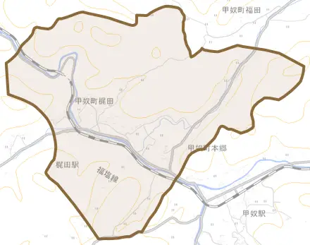 甲奴町梶田とその周辺の地図。町の範囲を重ねている