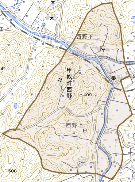 甲奴町西野とその周辺の地図。町の範囲を重ねている