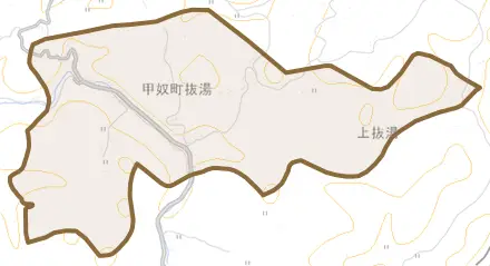 甲奴町抜湯とその周辺の地図。町の範囲を重ねている