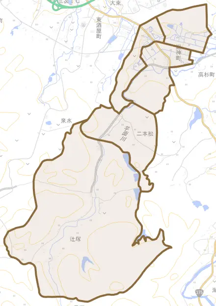 廻神町とその周辺の地図。町の範囲を重ねている