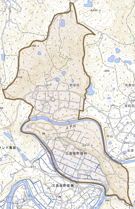 三良坂町田利とその周辺の地図。町の範囲を重ねている