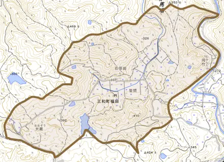 三和町福田とその周辺の地図。町の範囲を重ねている