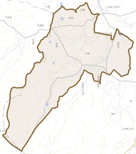 三和町羽出庭とその周辺の地図。町の範囲を重ねている