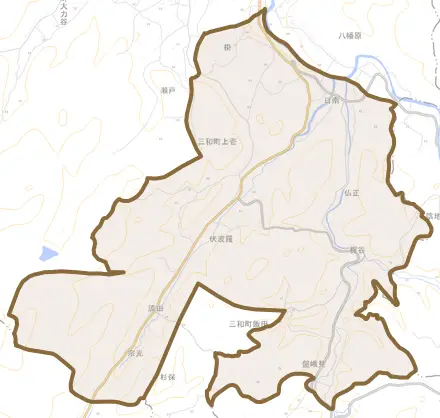 三和町上壱とその周辺の地図。町の範囲を重ねている