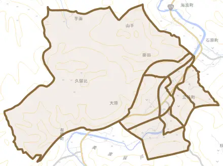 三若町とその周辺の地図。町の範囲を重ねている