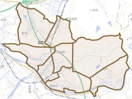 向江田町とその周辺の地図。町の範囲を重ねている