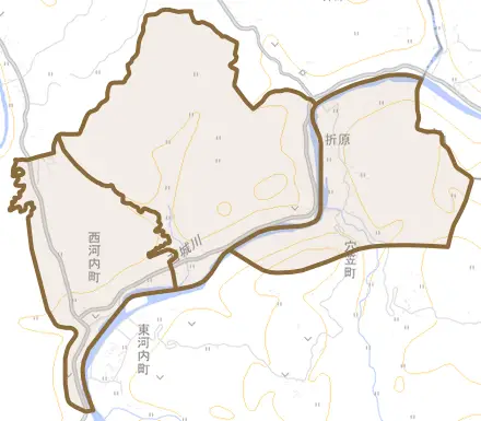 西河内町とその周辺の地図。町の範囲を重ねている