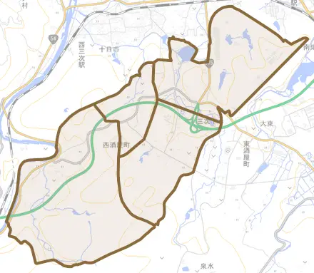 西酒屋町とその周辺の地図。町の範囲を重ねている
