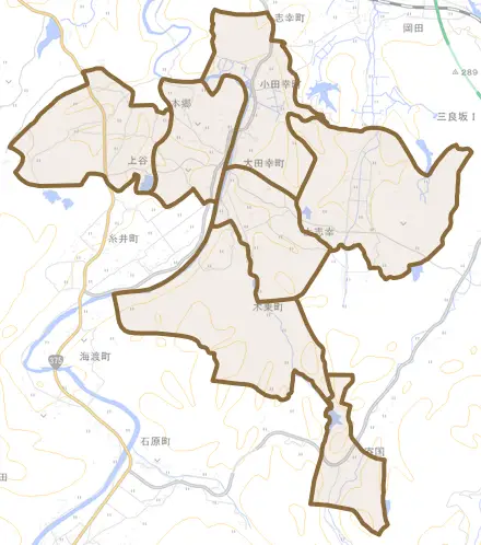 大田幸町とその周辺の地図。町の範囲を重ねている
