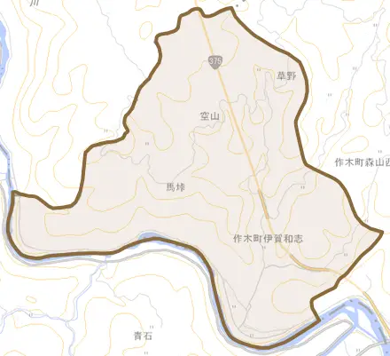 作木町伊賀和志とその周辺の地図。町の範囲を重ねている