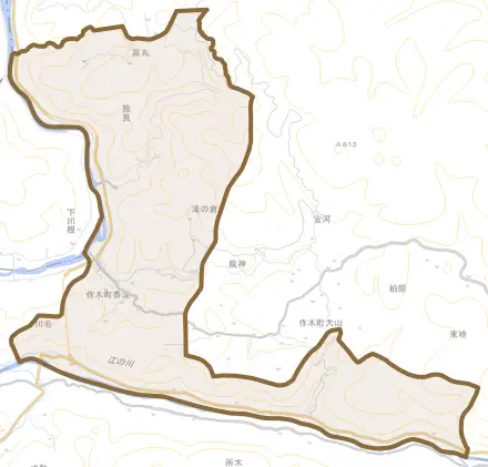 作木町香淀とその周辺の地図。町の範囲を重ねている
