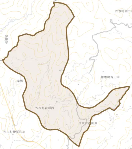 作木町森山西とその周辺の地図。町の範囲を重ねている