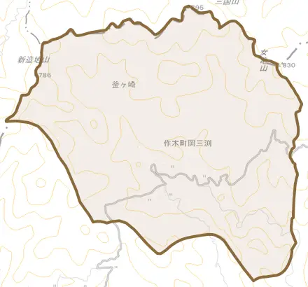 作木町岡三渕とその周辺の地図。町の範囲を重ねている