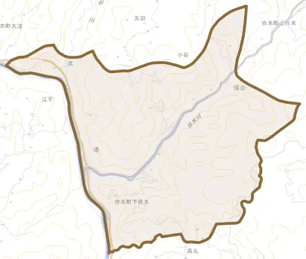 作木町下作木とその周辺の地図。町の範囲を重ねている
