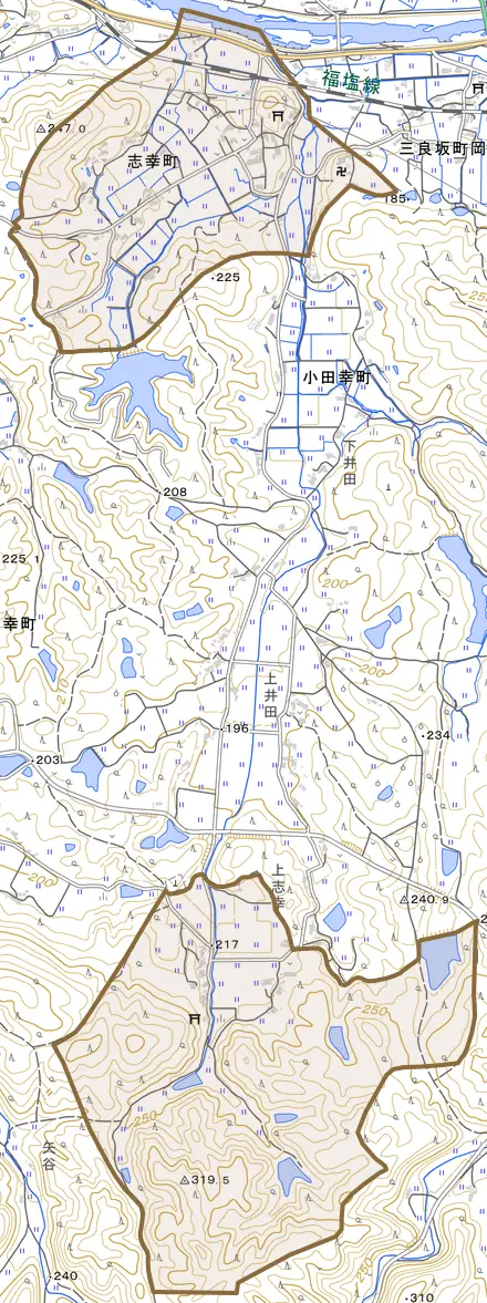 志幸町とその周辺の地図。町の範囲を重ねている