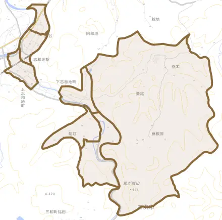 下志和地町とその周辺の地図。町の範囲を重ねている
