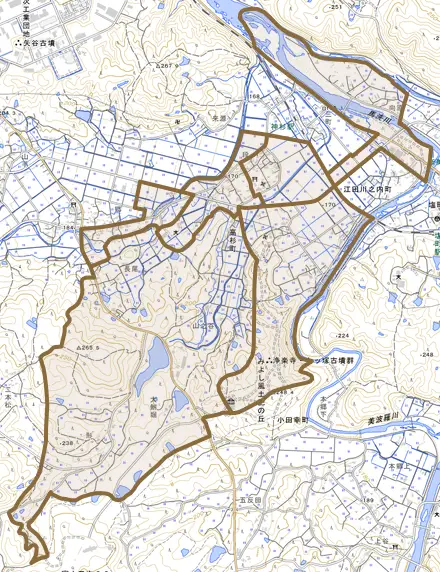 高杉町とその周辺の地図。町の範囲を重ねている