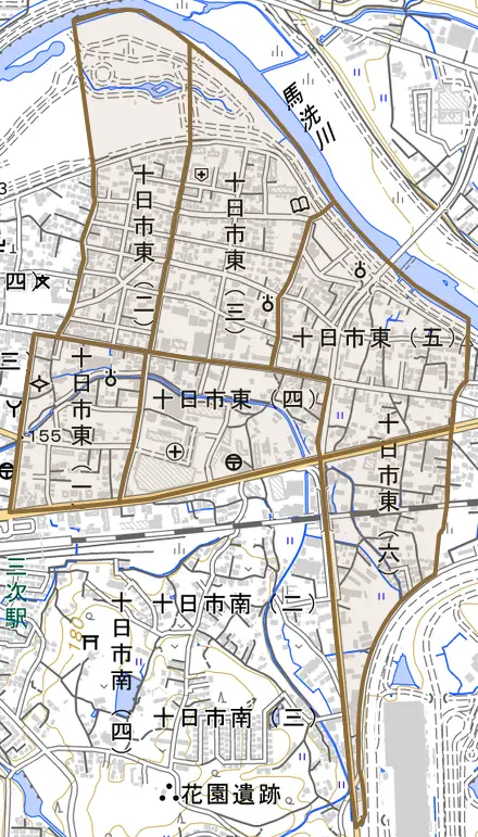 十日市東とその周辺の地図。町の範囲を重ねている